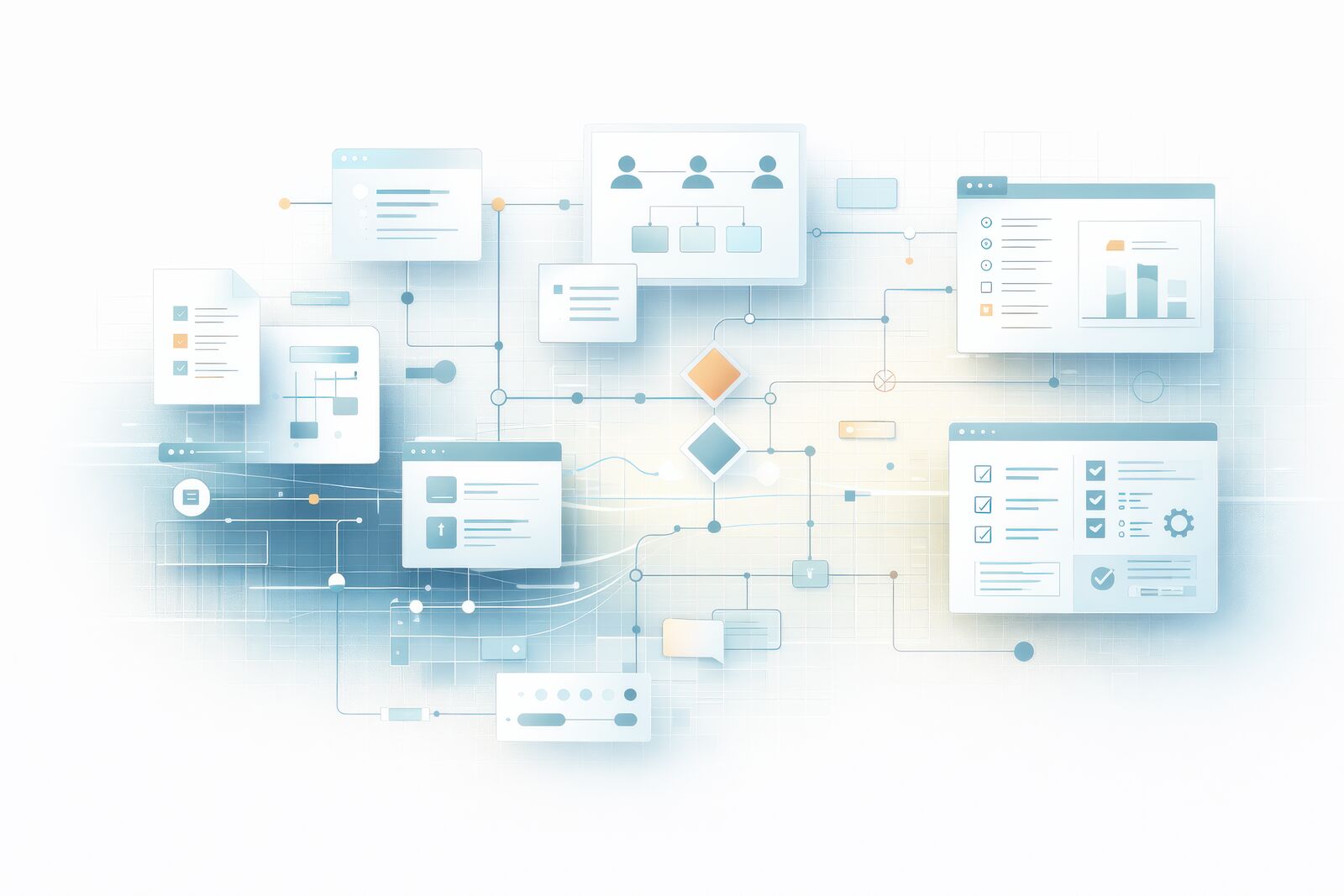 Interconnected business documents, flowcharts, and dashboards linked by nodes and decision points representing a codified business system